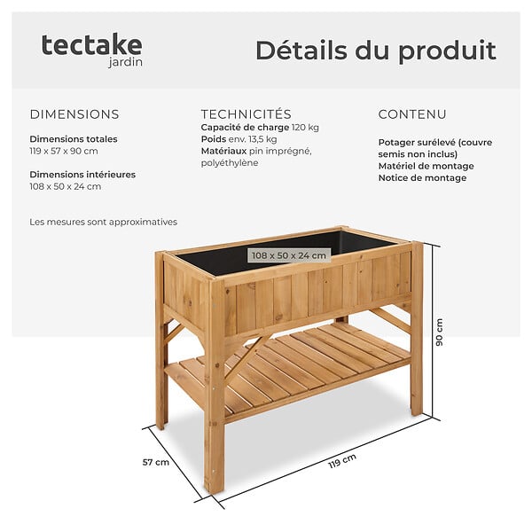 TECTAKE - Potager sur pied en bois de pin marron avec étagère de rangement extérieur 119x57x90 cm - large