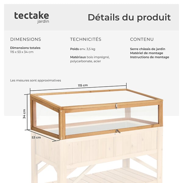 TECTAKE - Serre Châssis de Jardin pour Carré Potager 115 x 53 x 34 cm marron - large