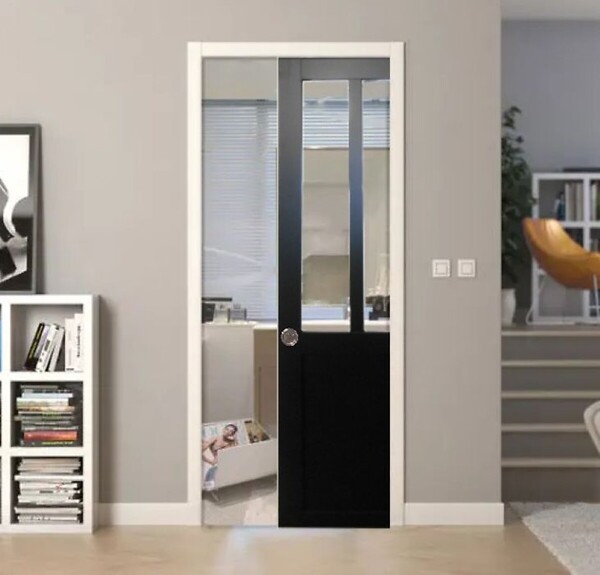 GD MENUISERIES - Porte Coulissante Atelier Noir H204 x L83 cm, Galandage - large
