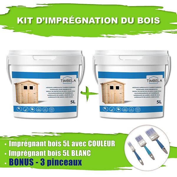 TIMBELA - Lot de produits de protection pour la peinture des maisons en bois – 5 l de blanc + 5 l de gris - Pour une surface extérieure en bois de 28 à 36 m2 - large