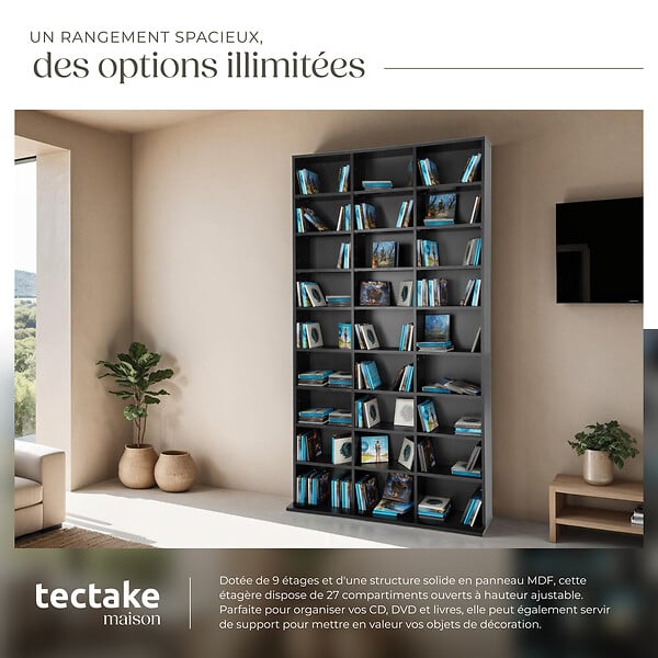 TECTAKE - Étagère bibliothèque Christel 180 x 102 x 23,5cm noir - large