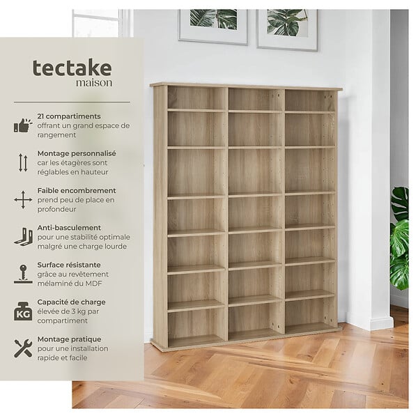 TECTAKE - Étagère bibliothèque Stevie 105,5x19x136,5cm Bois clair, Chêne Sonoma - large