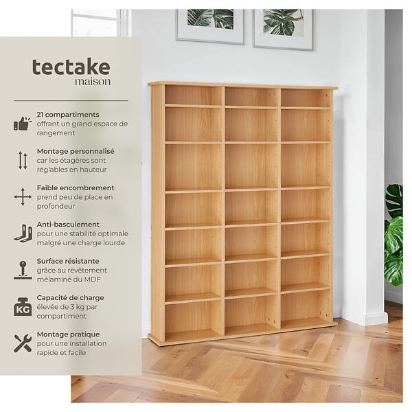 TECTAKE - Étagère bibliothèque Stevie 105,5x19x136,5cm marron hêtre - large
