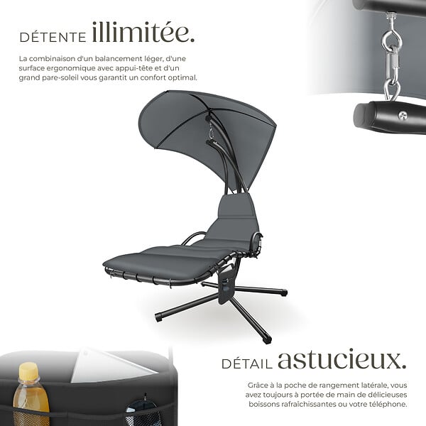 TECTAKE - Fauteuil suspendu en acier gris avec pare-soleil et poche latérale ergonomique 195 cm - large