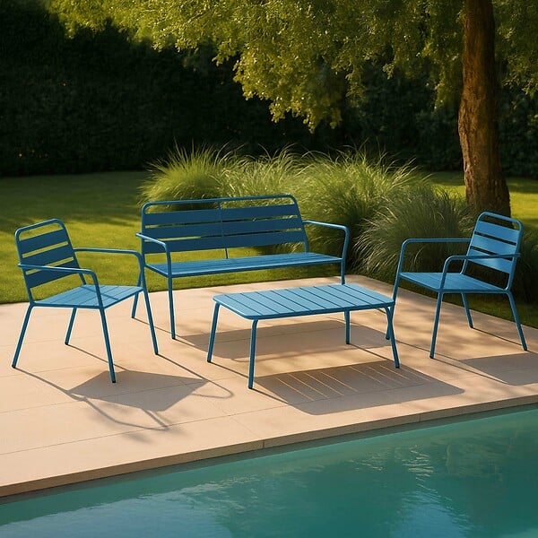 OVIALA - Salon de jardin 4 places et 1 table basse en acier bleu pacific - Palavas - large