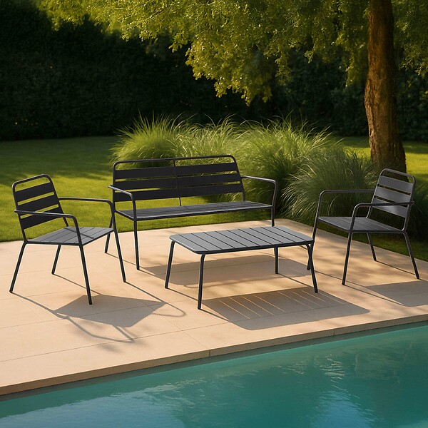 OVIALA - Salon de jardin 4 places et 1 table basse en acier anthracite - Palavas - large