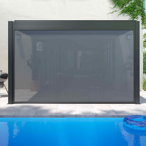 OVIALA - Pergola bioclimatique adossée gris 3x4m et 3 stores - Oia - large