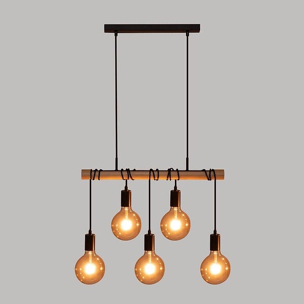 ATMOSPHERA - Luminaire Suspension 5 Lampes en Métal Noir et Bois de Pin L 60 cm - large