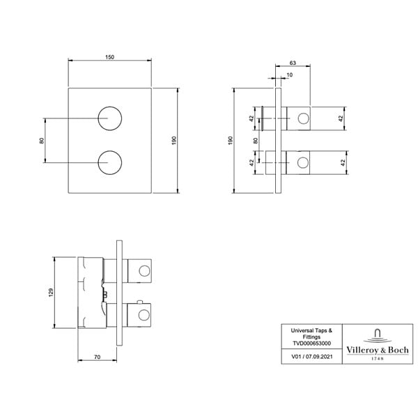 VILLEROY ET BOCH - Mitigeur thermostatique encastré 2 voies  Universal rectangle Or brossé - large