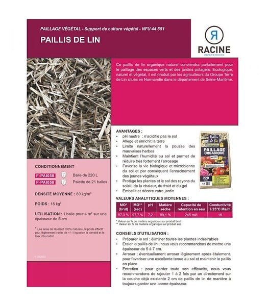 RACINE - Paillis de lin, organique et naturelle pour jardins potagers, 1 balle de 220 litres - F-PAI058 - large