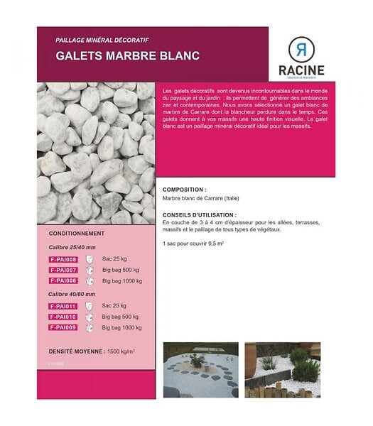 RACINE - Paillage minéral Galet marbre blanc Carrare 25-40mm, Big bag 500 kg - F-PAI007 - large