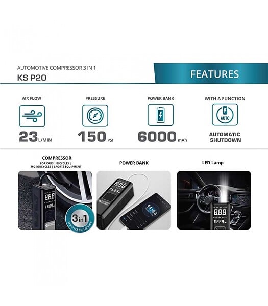 KONNER SOHNEN - Mini compresseur à batterie 120W, 10 bars, Manomètre digital - Könner  Söhnen KS P20 - large