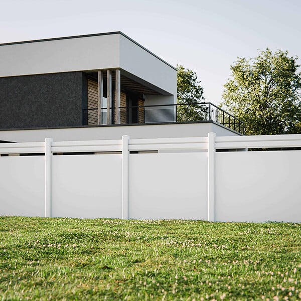 MON MARCHE DECO - Kit Clôture PRO PVC Blanc H. 180 cm x L. 11.30 m - 2 Lisses claire-voie + 7 Soubassements - large