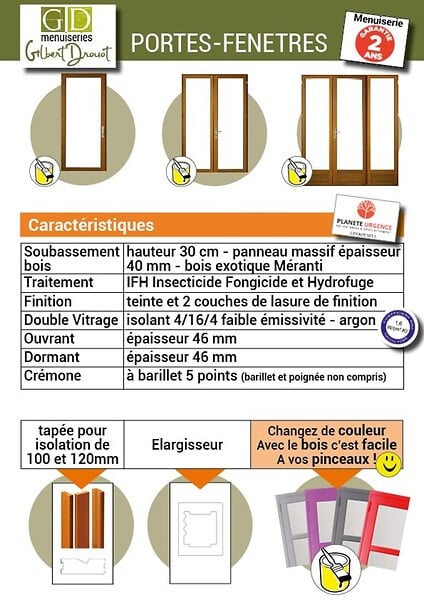 GD MENUISERIES - Porte Fenetre Bois 1 Vantail H205 x L80 cm Côte Tableau Tirant Droite - large
