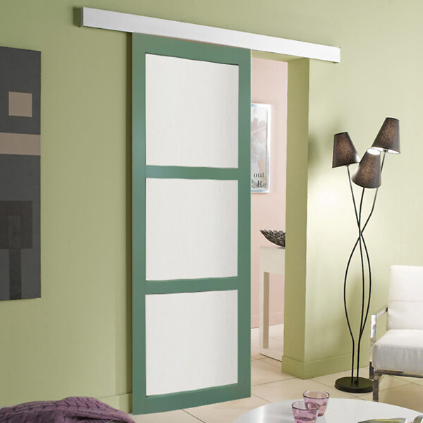 GD MENUISERIES - Porte Coulissante Vert Sauge RAL 6021 Vitrée H204 x L83 cm, rail alu - large
