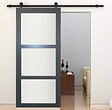 GD MENUISERIES - Porte Coulissante Blakeria Gris Anthr Vitrée H204 x L73 cm, Rail roulettes - vignette