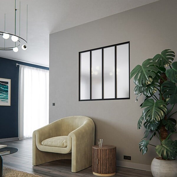 MON MARCHE DECO - Verrière 4 Carreaux - En Kit - Noir Sablé - Verre Dépoli - large
