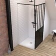 AURLANE - Pack Paroi de douche 90x200 cm noir mat + Receveur haut a poser 90X90cm - blanc effet pierre - vignette