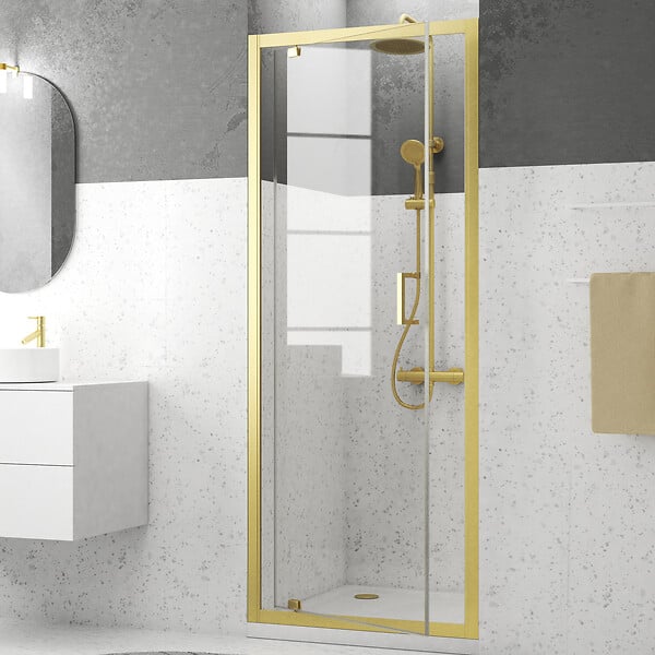 AURLANE - Porte de douche Pivotante 80x200cm - Profilés Or Doré Brossé - Verre Trempé 6mm - GOLDY CRUSH - large