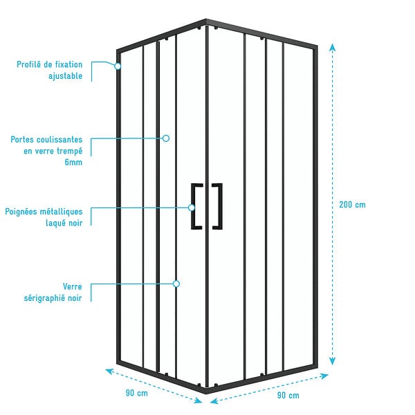AURLANE - porte de douche carrée coulissante - verre sérigraphié noir 90x90 - large