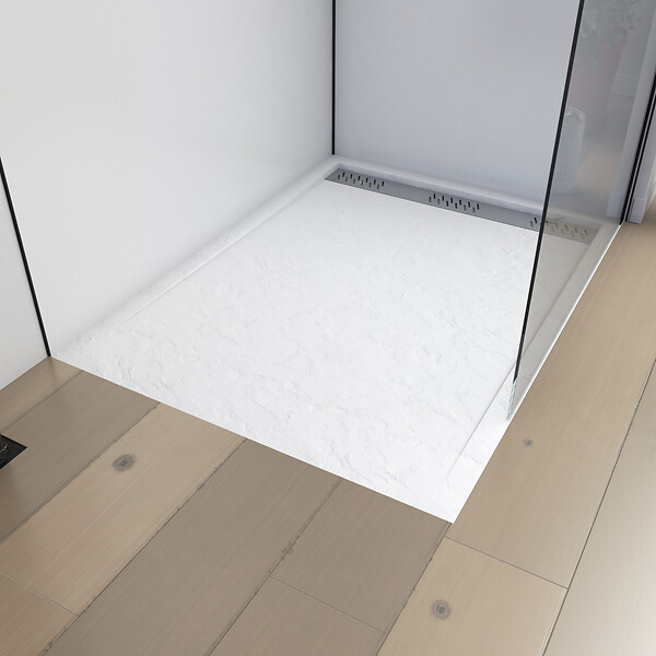 AURLANE - Receveur en acrylique Blanc Effet Pierre 80x120x4 cm - Grille Linéaire Chrome - MOON - large