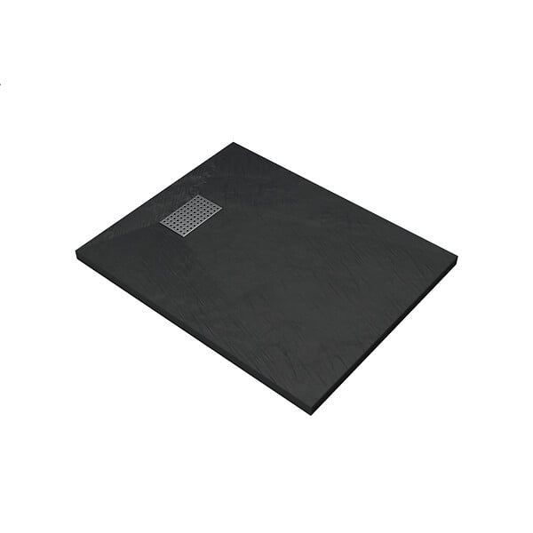 AURLANE - Receveur de douche Noir Effet Pierre 80x100 cm et Grille décor Perforée en Inox - large