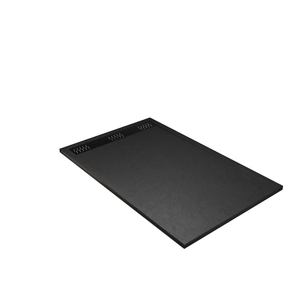 AURLANE - Receveur de douche en résine noir 90x140x3 cm effet pierre granit + grille linéaire noire mate - large
