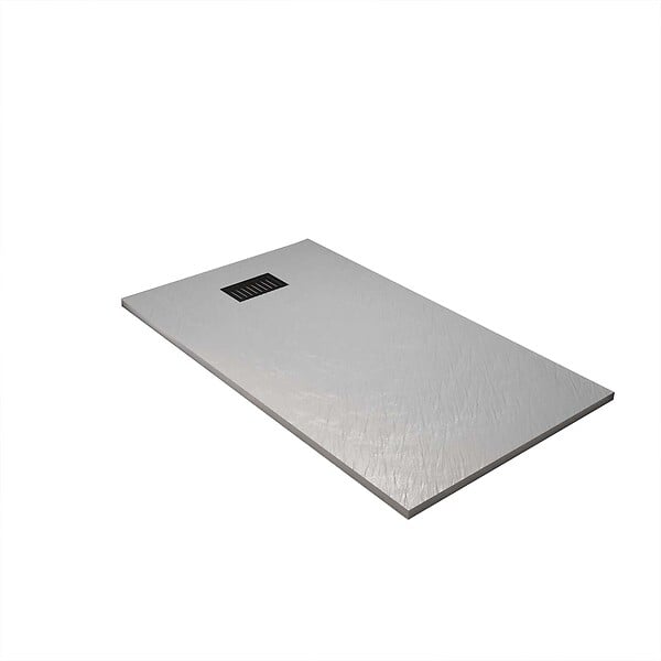 AURLANE - Receveur de douche Gris Effet Pierre 90x140 cm et Grille décor Linéaire Noire Mate - large