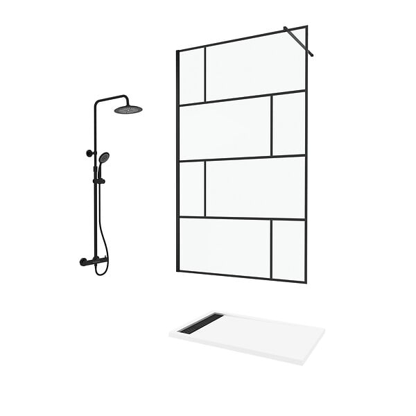 AURLANE - Paroi de Douche 120 cm Sérigraphie Noire et Receveur Blanc 80x120 + Colonne de Douche Thermostatique - large