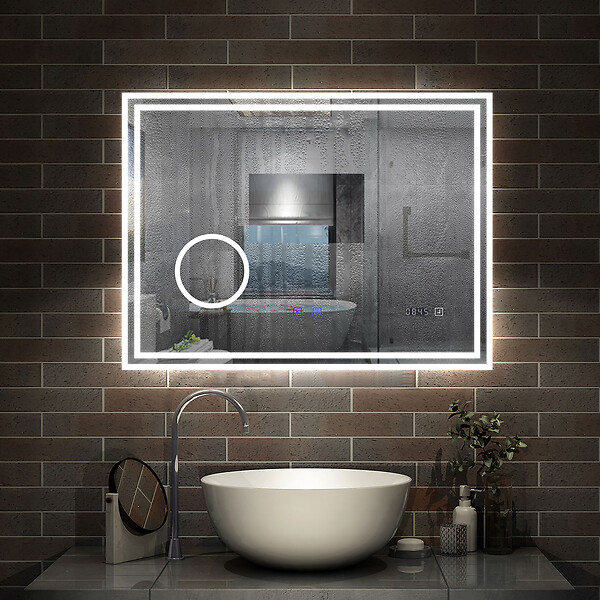 AICA SANITAIRE - Simple Bluetooth LED miroir de salle de bain tricolore tactile avec anti-buée et horloge et miroir grossissant 3x, suspendu horizontalement 100x60cm - large