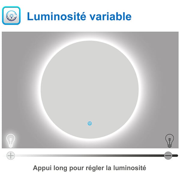 AICA SANITAIRE - AICA Miroir LED rond sans cadre de 60cm, dimmable + mémoire + antibuée, IP44, horizontal/vertical, 6000k blanc froid - large
