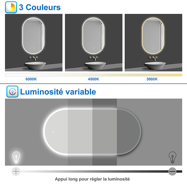 AICA SANITAIRE - AICA Miroir salle de bain LED 50x80cm tricolore + anti-buée + dimmable + mémoire - large
