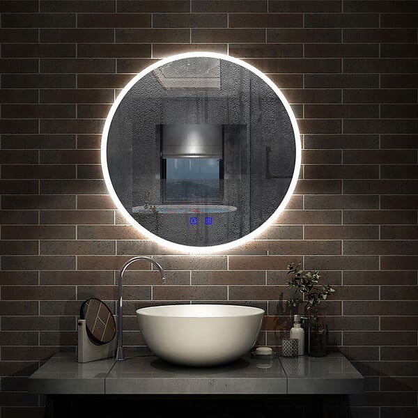 AICA SANITAIRE - Simple Bluetooth LED rond miroir de salle de bain tricolore tactile avec anti-buée 70x70cm - large