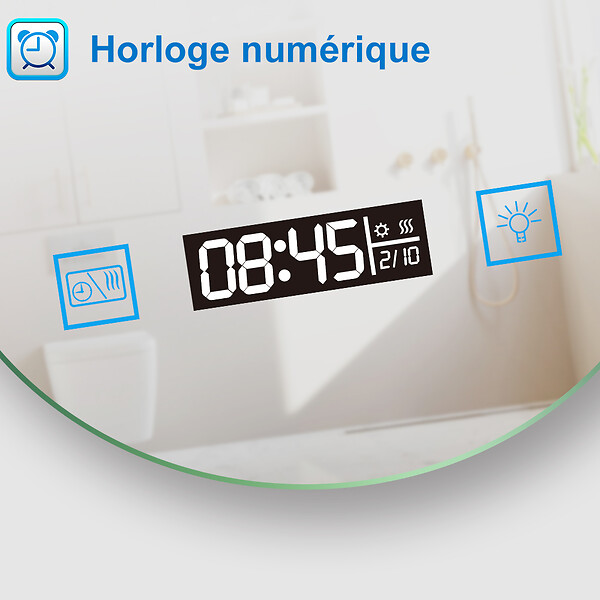 AICA SANITAIRE - AICA Miroir rond de salle de bain 60cm LED tricolore horloge + loupe + anti-buée + mémoire - large