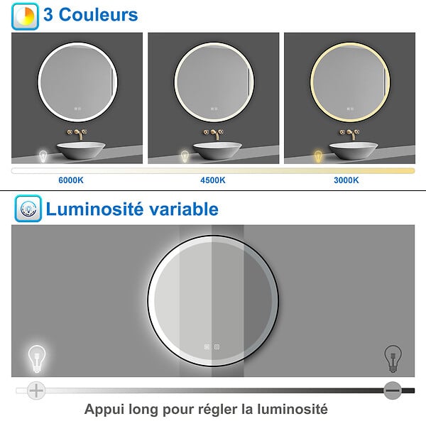 AICA SANITAIRE - AICA Miroir de salle de bain LED rond 70cm avec cadre noir, tricolore + anti-buée + mémoire + gradation infinie - large