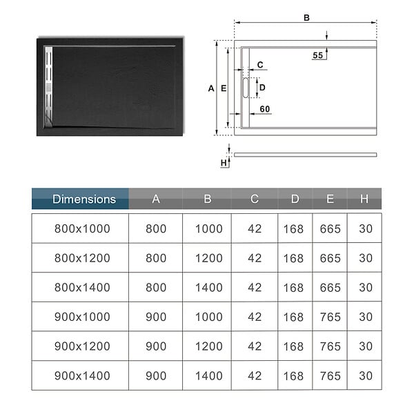 AICA SANITAIRE - AICA Receveur de douche 100x80cm antidérapant noir anthracite LMR8010 - large