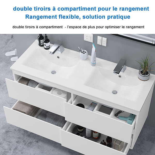 AICA SANITAIRE - Aica Sanitaire 120(L)x46(P)x52(H)cm Meuble salle de bain blanc avec 4 tiroirs à une fermeture amortie avec deux vasques à suspendre - large