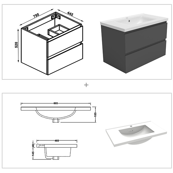 AICA SANITAIRE - AICA ensemble meuble 80 cm anthracite avec 2 tiroirs à fermeture automatique, lavabo céramique + miroir salle de bain Bluetooth tricolore + 2 colonnes, suspendu - large