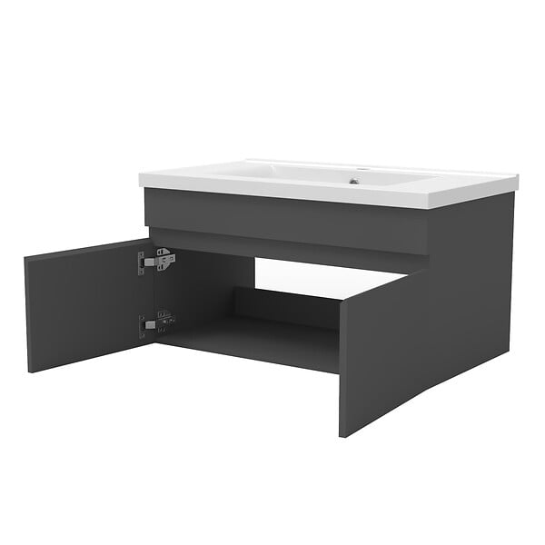 AICA SANITAIRE - Ensemble meuble Salle de Bain 100cm Anthracite simple vasque + miroir lumineux 3 couleurs + dimmable - large