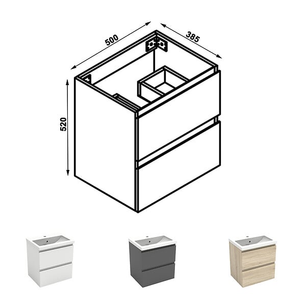 AICA SANITAIRE - Meuble salle de bain 2 tiroirs avec lavabo et miroir encadré–Chêne l.50 x W.38.5 x H.52 cm - large