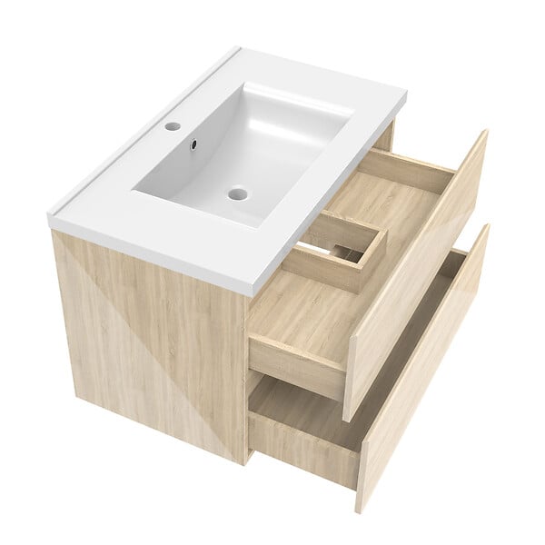 AICA SANITAIRE - AICA ensemble meuble salle de bain 80 cm Chêne Wotan brillant avec 2 tiroirs à fermeture automatique, lavabo céramique simple + colonne, suspendu - large