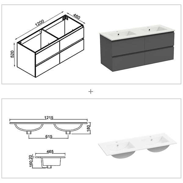 AICA SANITAIRE - AICA SANITAIRE Ensemble meuble double vasque L.120cm 4 tiroirs + lavabo + 2*LED miroirs rond 60cm + 2*colonne,anthracite B - large