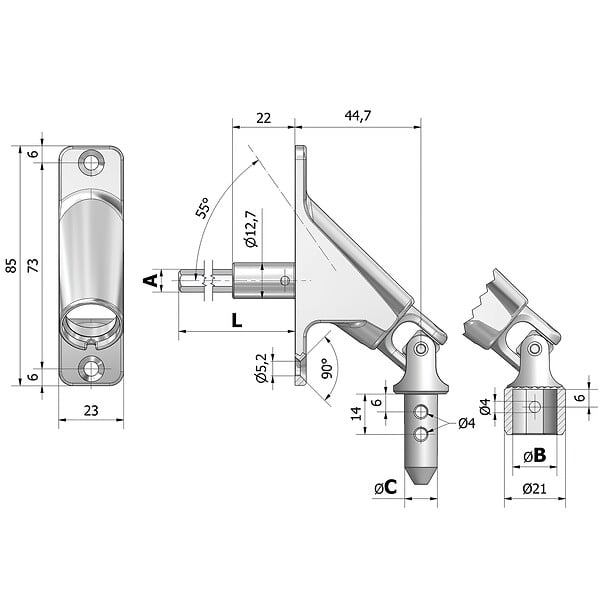 CHERUBINI - Sortie 90Â° tringle acier hexagonale + platine zamac 85x22mm nickelé - CHERUBINI - 78407038V13NK - large