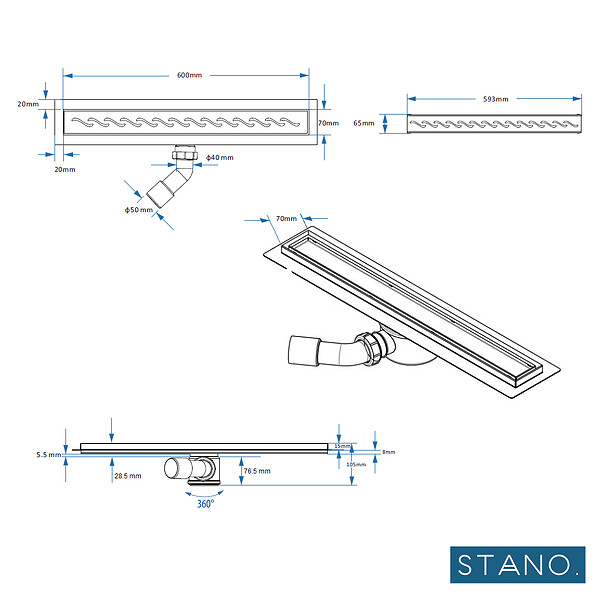 STANO - Receveur de douche à carreler 90 x 160 cm ELIO 4 pentes grille linéaire et bonde incluses - large