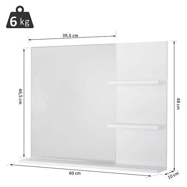HOMCOM - Miroir de salle de bain avec étagères - 2 étagères latérales + grande étagère inférieure - kit installation fourni - MDF blanc - large