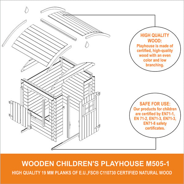 TIMBELA - Timbela M505-1 Maison en bois pour enfants SANS PLANCHER - 112x146xH145cm/1.1m2 - large