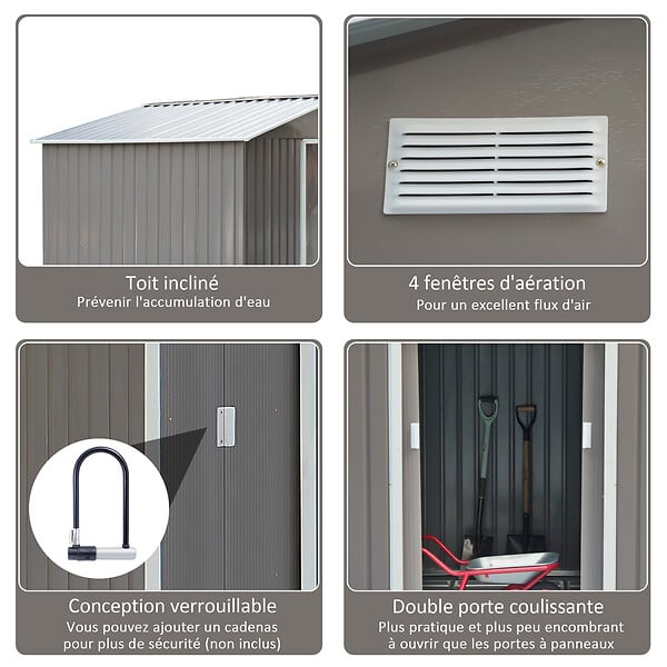 OUTSUNNY - Abri de jardin - remise pour outils - cabanon double porte coulissante - fondation incluse - dim. 277L x 191l x 192H cm - tôle d'acier ondulée grise - large
