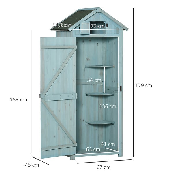 OUTSUNNY - Armoire abri de jardin remise pour outils 3 étagères 2 portes loquets toit pente bitumé 77L x 54l x 179H cm sapin traité bleu - large
