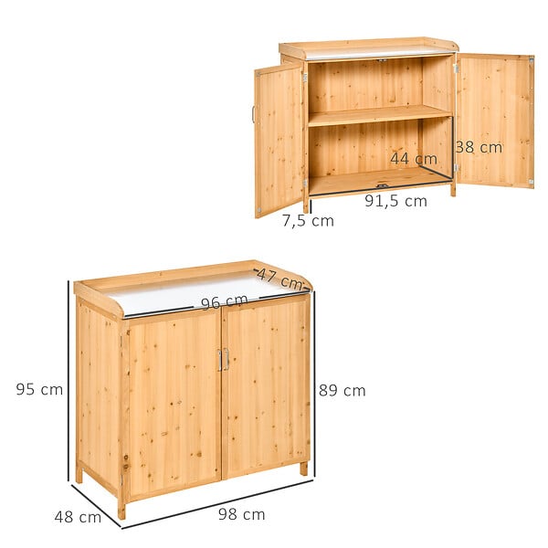 OUTSUNNY - Armoire de jardin sur pied table de rempotage 2 en 1 - double porte, étagère, plateau tôle acier galvanisé - bois de cèdre pré-huilé - large
