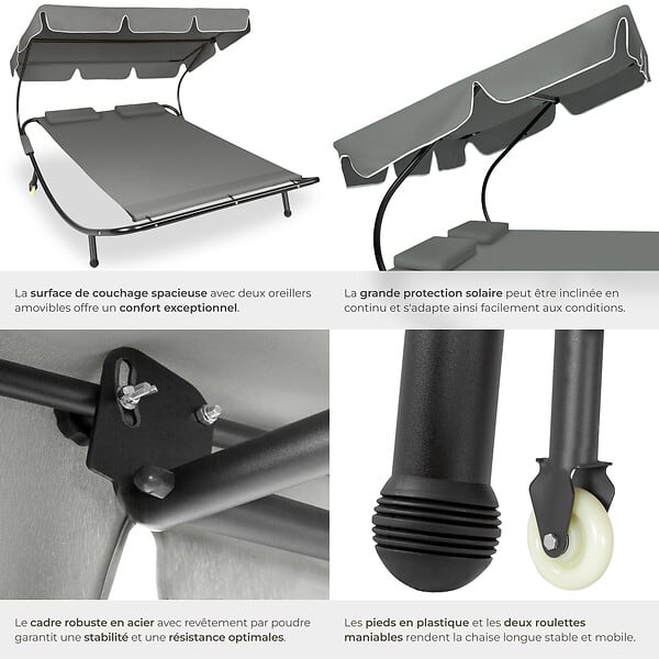 TECTAKE - Transat 2 places noir/gris - large